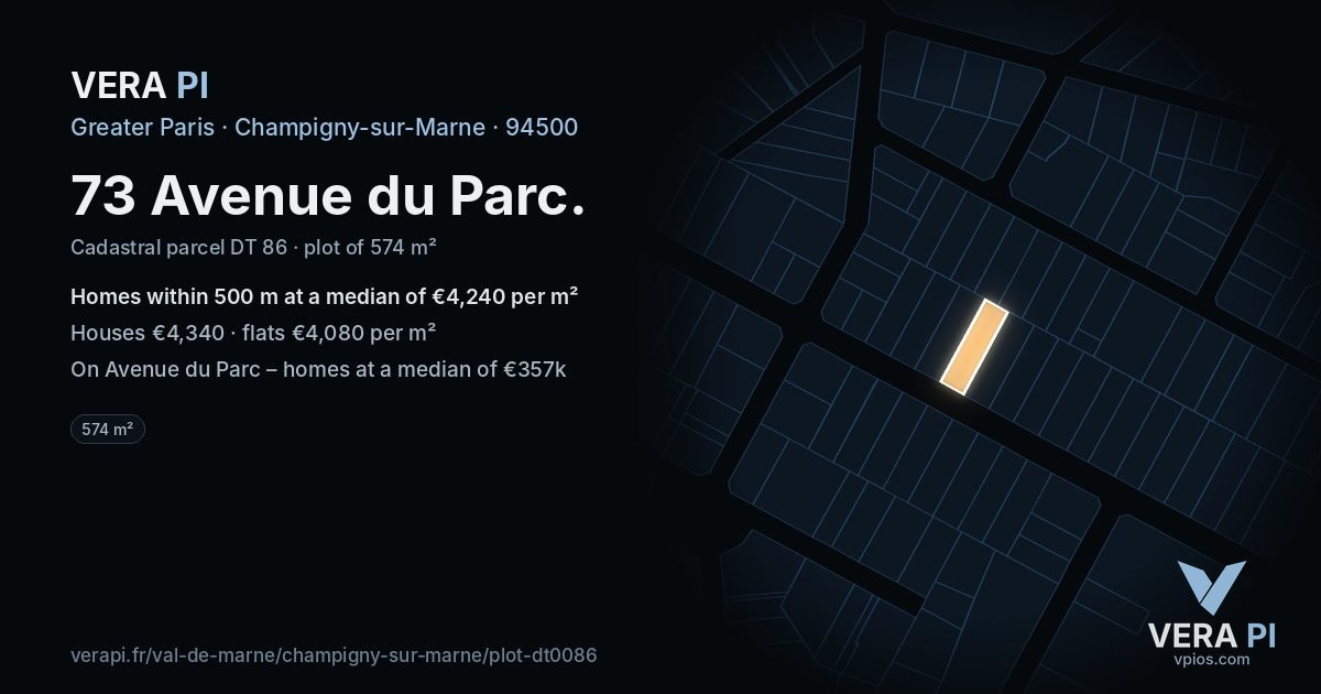 73 Avenue du Parc, Champigny-sur-Marne at night – the plot lit, the parcels around coloured by the prices near them