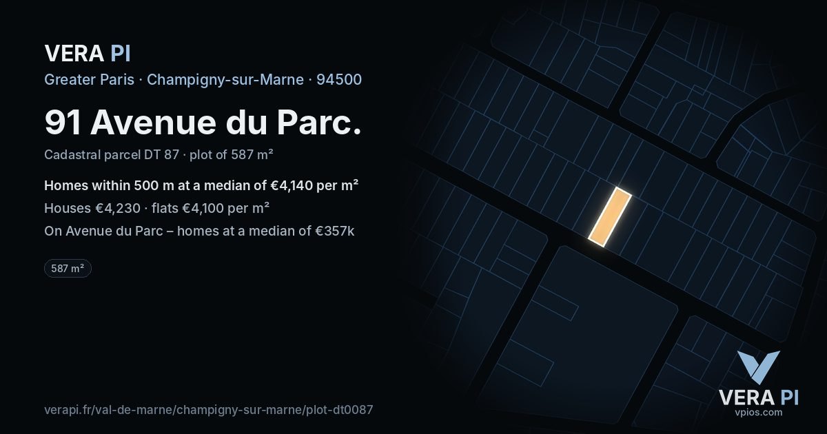 91 Avenue du Parc, Champigny-sur-Marne at night – the plot lit, the parcels around coloured by the prices near them