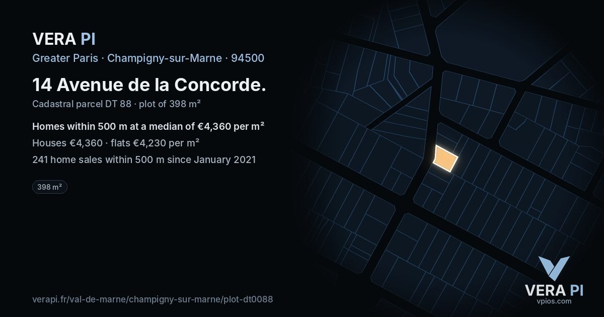 14 Avenue de la Concorde, Champigny-sur-Marne at night – the plot lit, the parcels around coloured by the prices near them