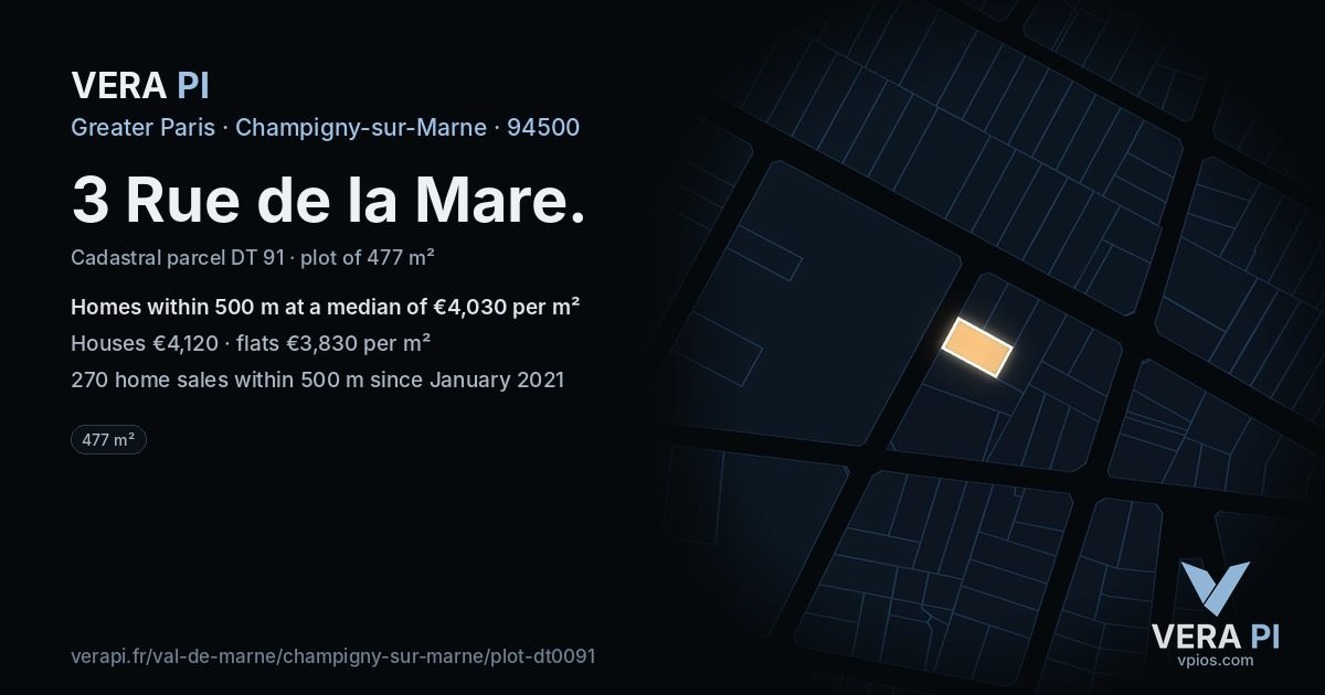 3 Rue de la Mare, Champigny-sur-Marne at night – the plot lit, the parcels around coloured by the prices near them
