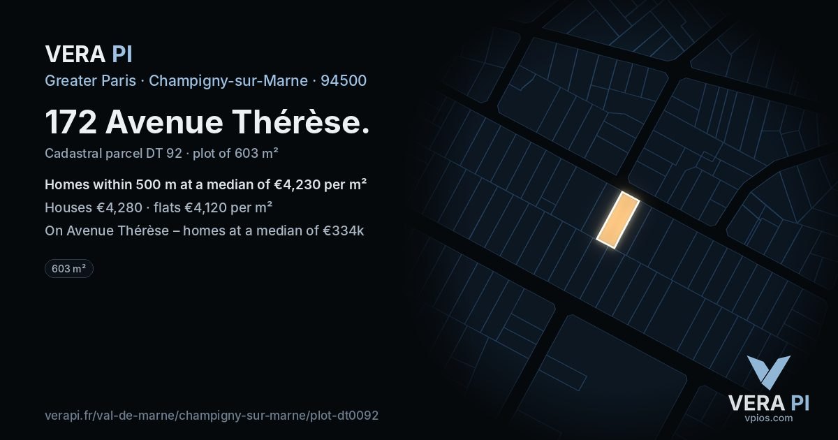 172 Avenue Thérèse, Champigny-sur-Marne at night – the plot lit, the parcels around coloured by the prices near them