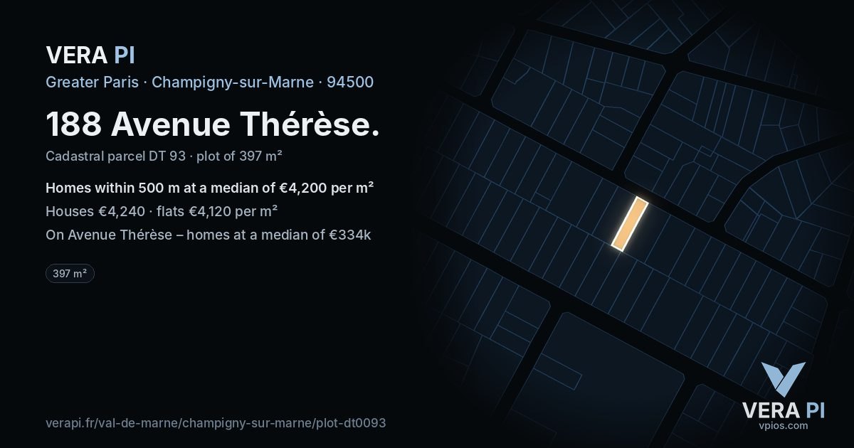 188 Avenue Thérèse, Champigny-sur-Marne at night – the plot lit, the parcels around coloured by the prices near them