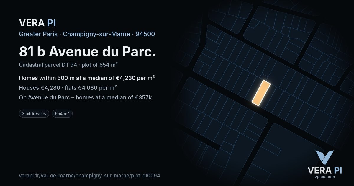 81 b Avenue du Parc, Champigny-sur-Marne at night – the plot lit, the parcels around coloured by the prices near them