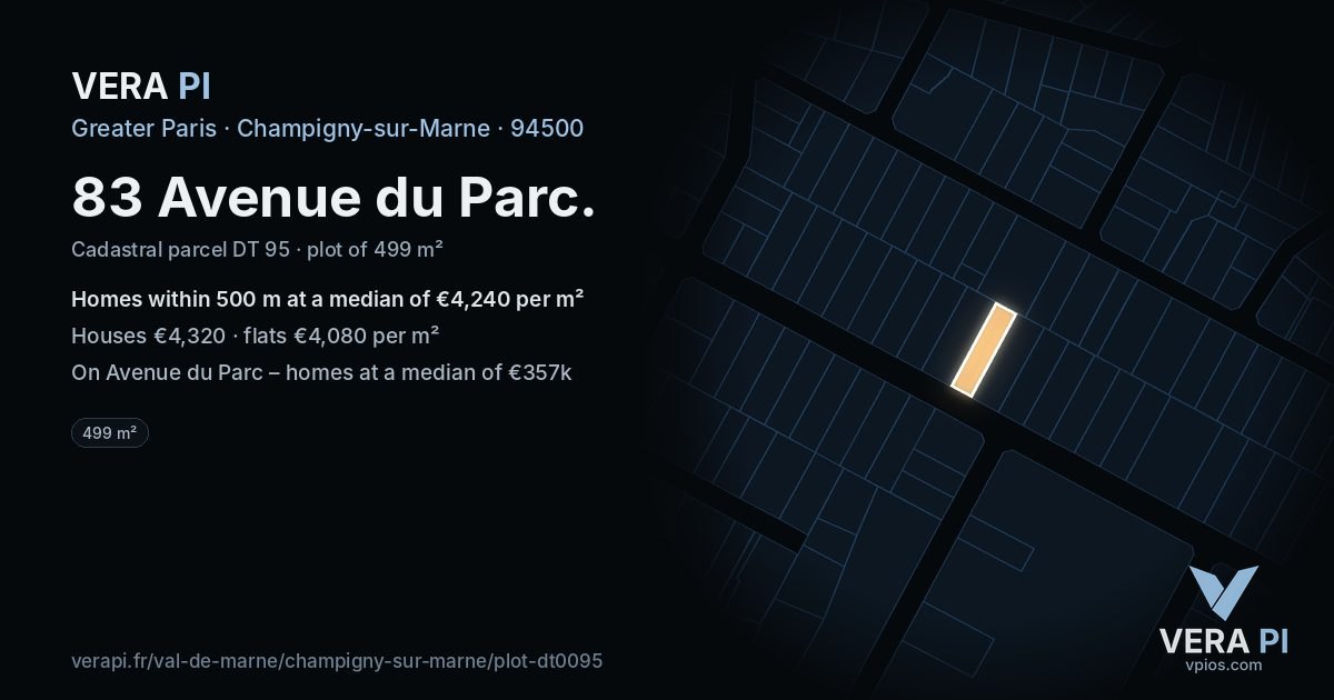 83 Avenue du Parc, Champigny-sur-Marne at night – the plot lit, the parcels around coloured by the prices near them