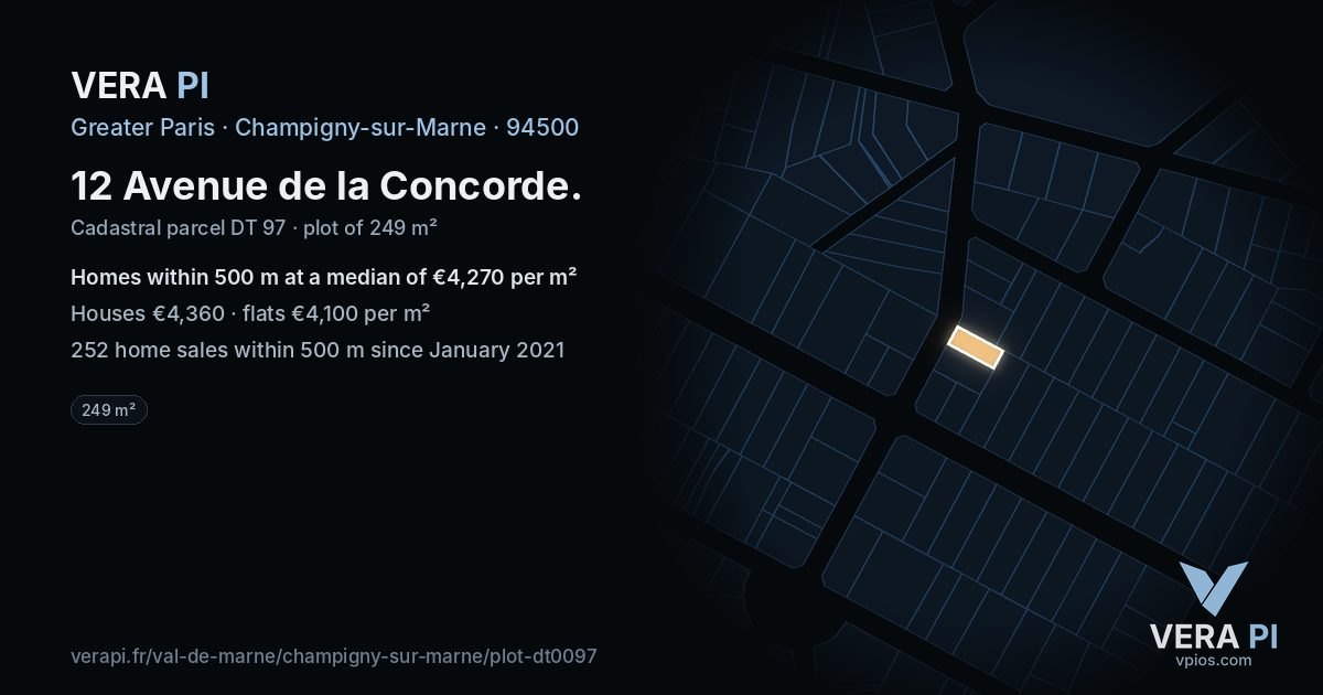 12 Avenue de la Concorde, Champigny-sur-Marne at night – the plot lit, the parcels around coloured by the prices near them