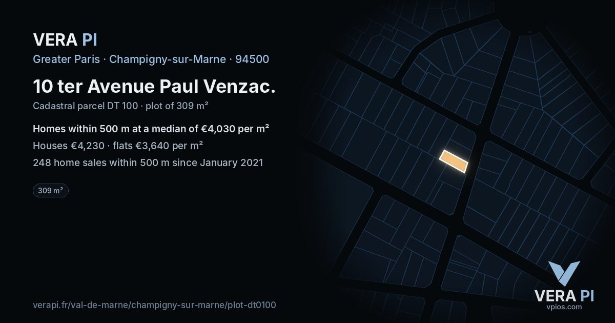 10 ter Avenue Paul Venzac, Champigny-sur-Marne at night – the plot lit, the parcels around coloured by the prices near them