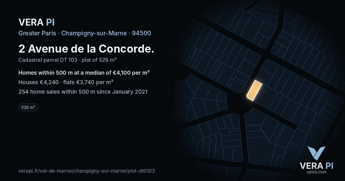2 Avenue de la Concorde, Champigny-sur-Marne at night – the plot lit, the parcels around coloured by the prices near them