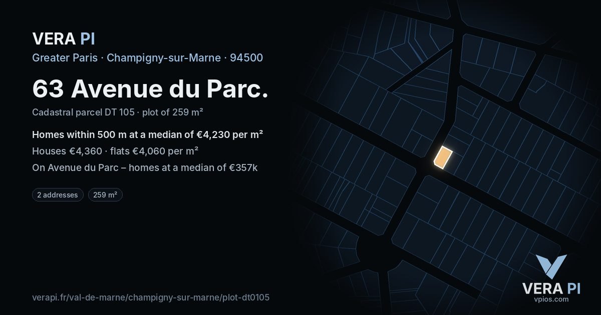 63 Avenue du Parc, Champigny-sur-Marne at night – the plot lit, the parcels around coloured by the prices near them