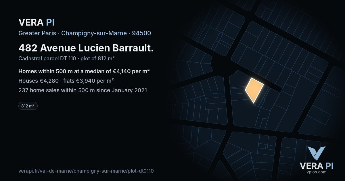 482 Avenue Lucien Barrault, Champigny-sur-Marne at night – the plot lit, the parcels around coloured by the prices near them