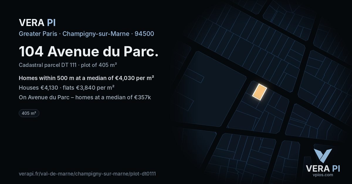 104 Avenue du Parc, Champigny-sur-Marne at night – the plot lit, the parcels around coloured by the prices near them