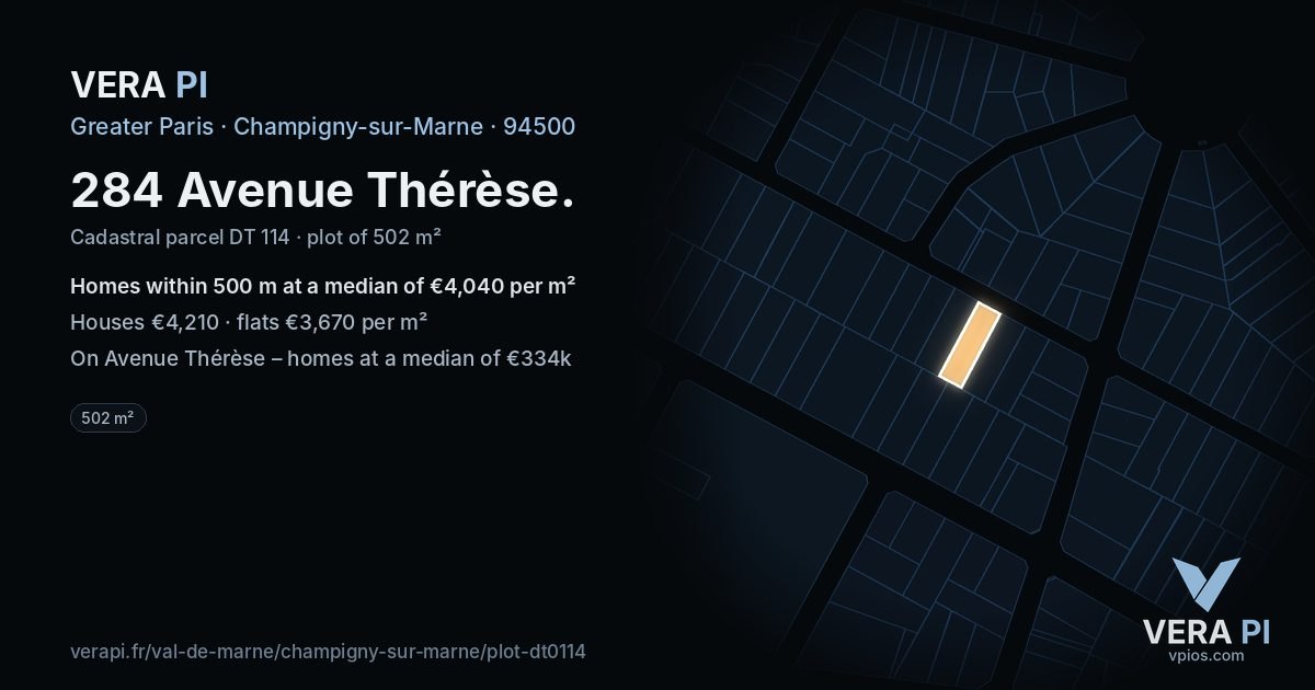 284 Avenue Thérèse, Champigny-sur-Marne at night – the plot lit, the parcels around coloured by the prices near them