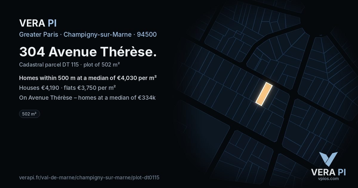 304 Avenue Thérèse, Champigny-sur-Marne at night – the plot lit, the parcels around coloured by the prices near them