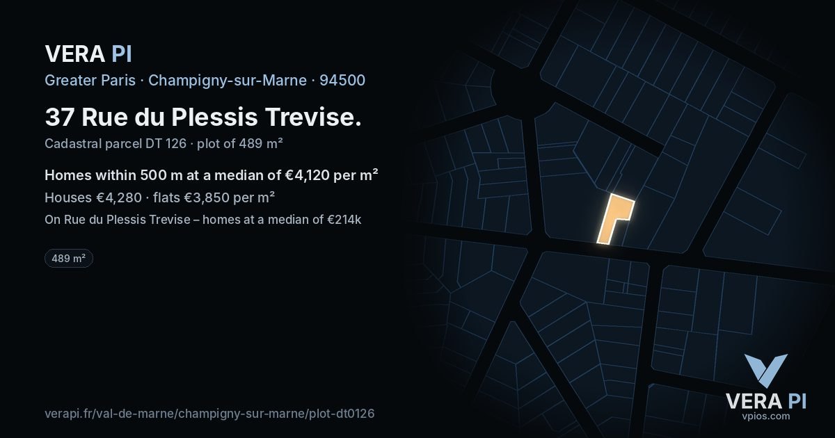 37 Rue du Plessis Trevise, Champigny-sur-Marne at night – the plot lit, the parcels around coloured by the prices near them
