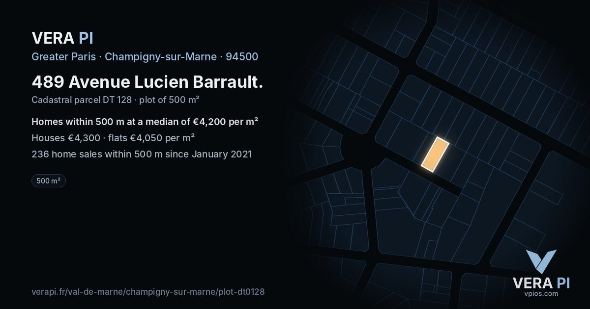 489 Avenue Lucien Barrault, Champigny-sur-Marne at night – the plot lit, the parcels around coloured by the prices near them