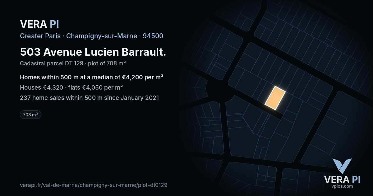 503 Avenue Lucien Barrault, Champigny-sur-Marne at night – the plot lit, the parcels around coloured by the prices near them
