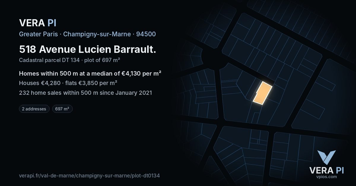 518 Avenue Lucien Barrault, Champigny-sur-Marne at night – the plot lit, the parcels around coloured by the prices near them