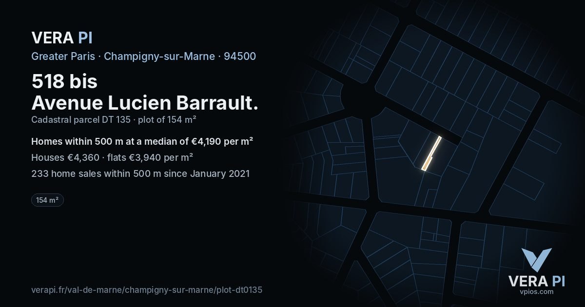 518 bis Avenue Lucien Barrault, Champigny-sur-Marne at night – the plot lit, the parcels around coloured by the prices near them