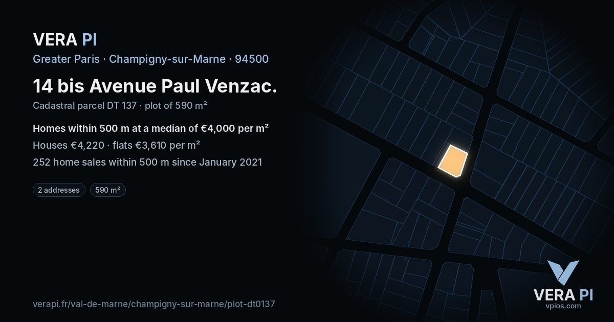 14 bis Avenue Paul Venzac, Champigny-sur-Marne at night – the plot lit, the parcels around coloured by the prices near them