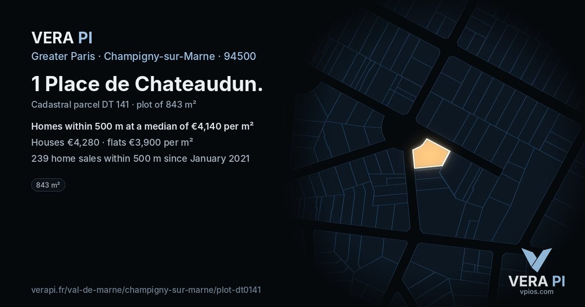 1 Place de Chateaudun, Champigny-sur-Marne at night – the plot lit, the parcels around coloured by the prices near them