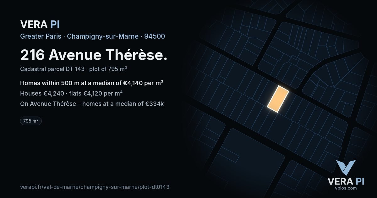 216 Avenue Thérèse, Champigny-sur-Marne at night – the plot lit, the parcels around coloured by the prices near them