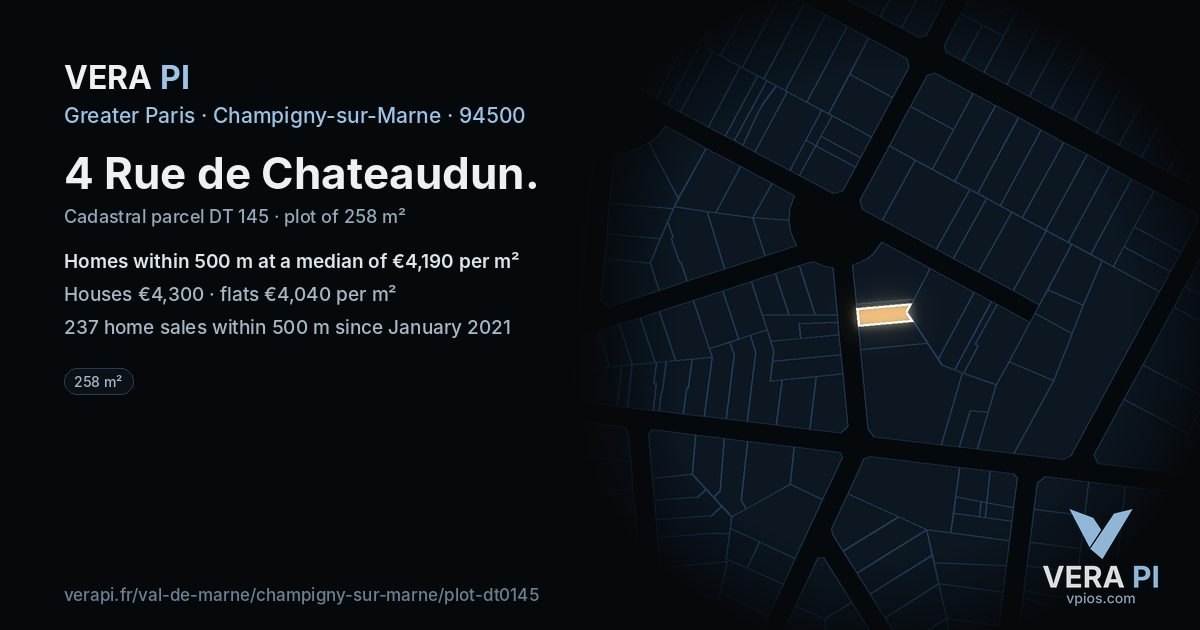 4 Rue de Chateaudun, Champigny-sur-Marne at night – the plot lit, the parcels around coloured by the prices near them