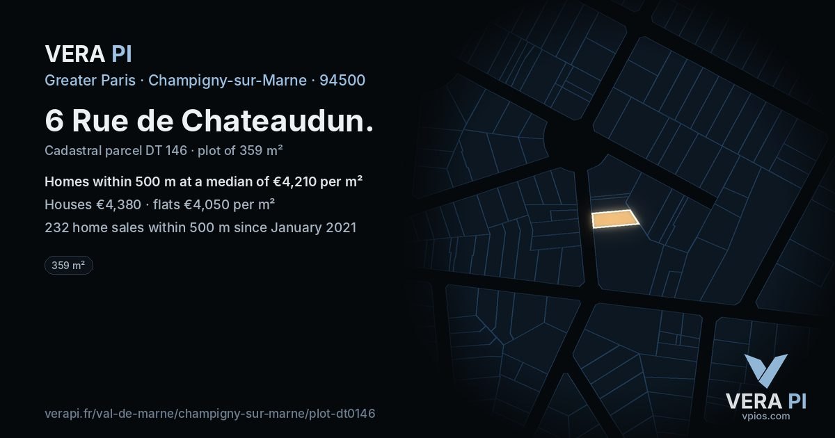 6 Rue de Chateaudun, Champigny-sur-Marne at night – the plot lit, the parcels around coloured by the prices near them