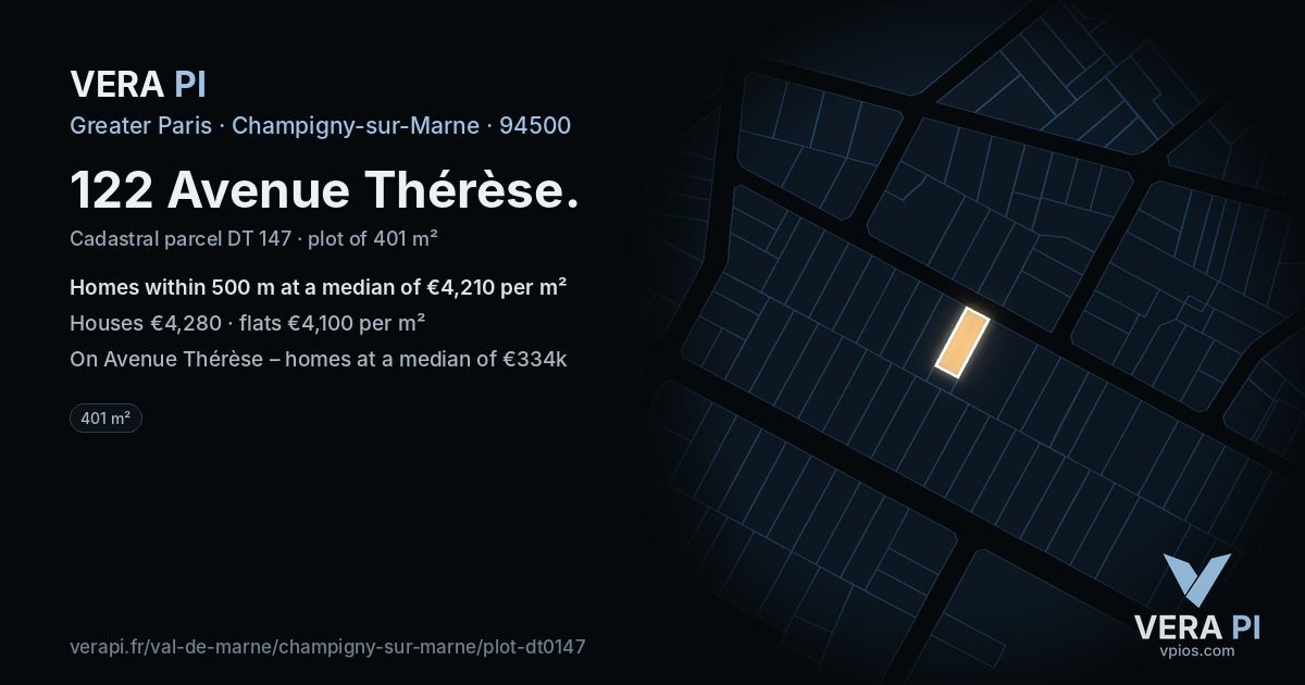 122 Avenue Thérèse, Champigny-sur-Marne at night – the plot lit, the parcels around coloured by the prices near them