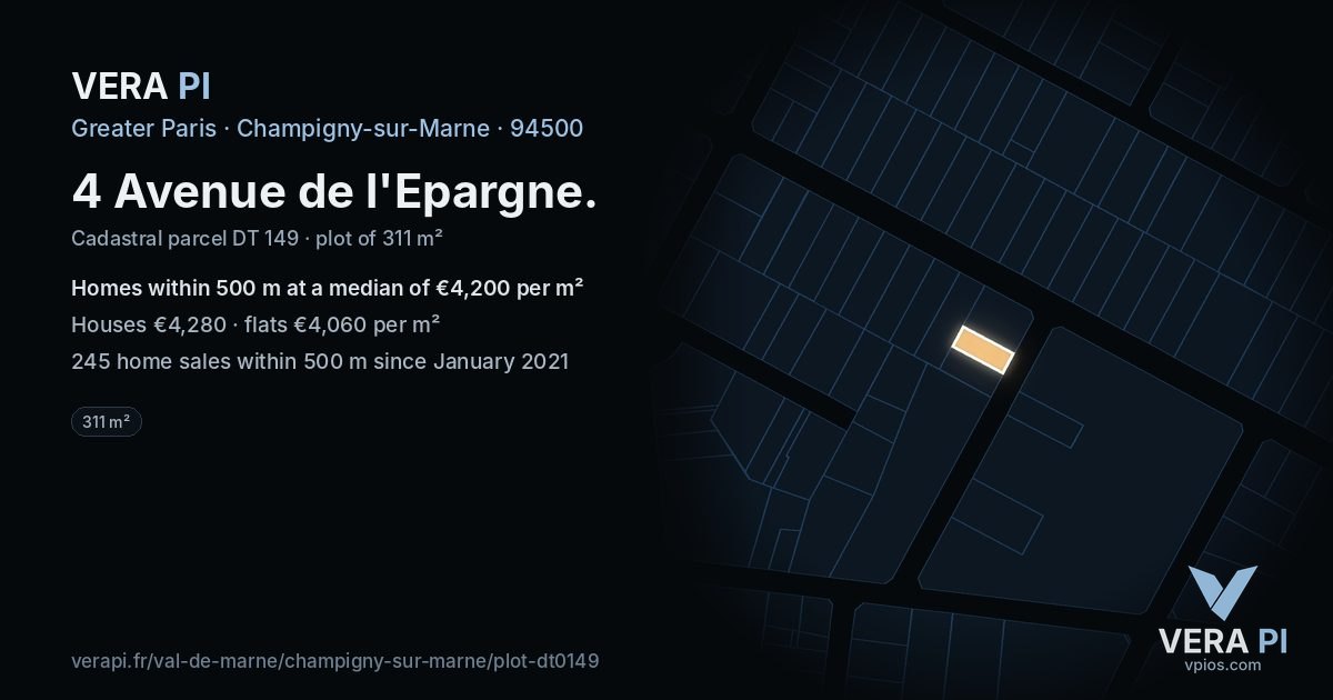 4 Avenue de l'Epargne, Champigny-sur-Marne at night – the plot lit, the parcels around coloured by the prices near them