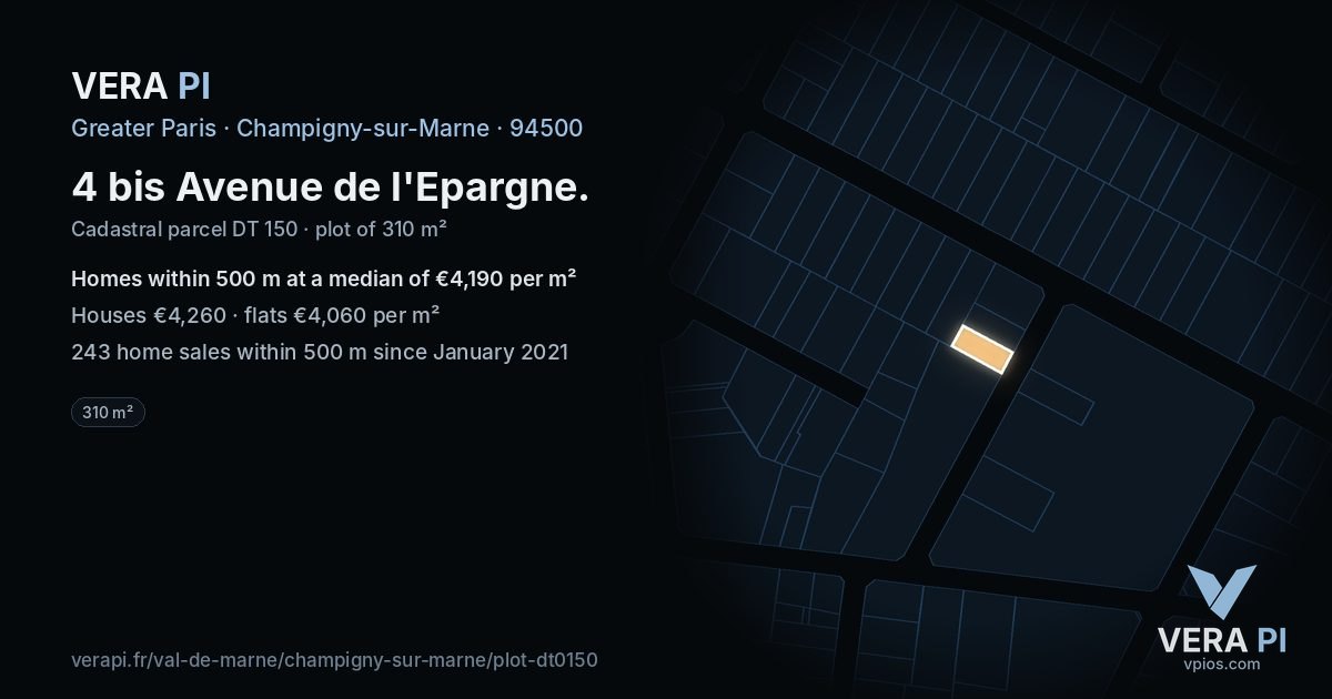4 bis Avenue de l'Epargne, Champigny-sur-Marne at night – the plot lit, the parcels around coloured by the prices near them