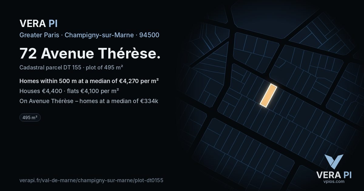 72 Avenue Thérèse, Champigny-sur-Marne at night – the plot lit, the parcels around coloured by the prices near them