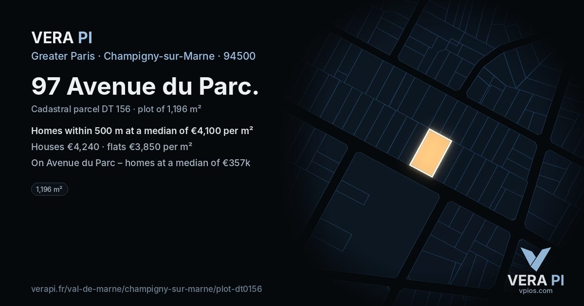 97 Avenue du Parc, Champigny-sur-Marne at night – the plot lit, the parcels around coloured by the prices near them