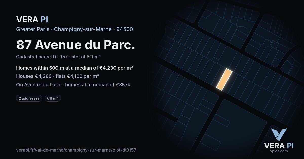 87 Avenue du Parc, Champigny-sur-Marne at night – the plot lit, the parcels around coloured by the prices near them