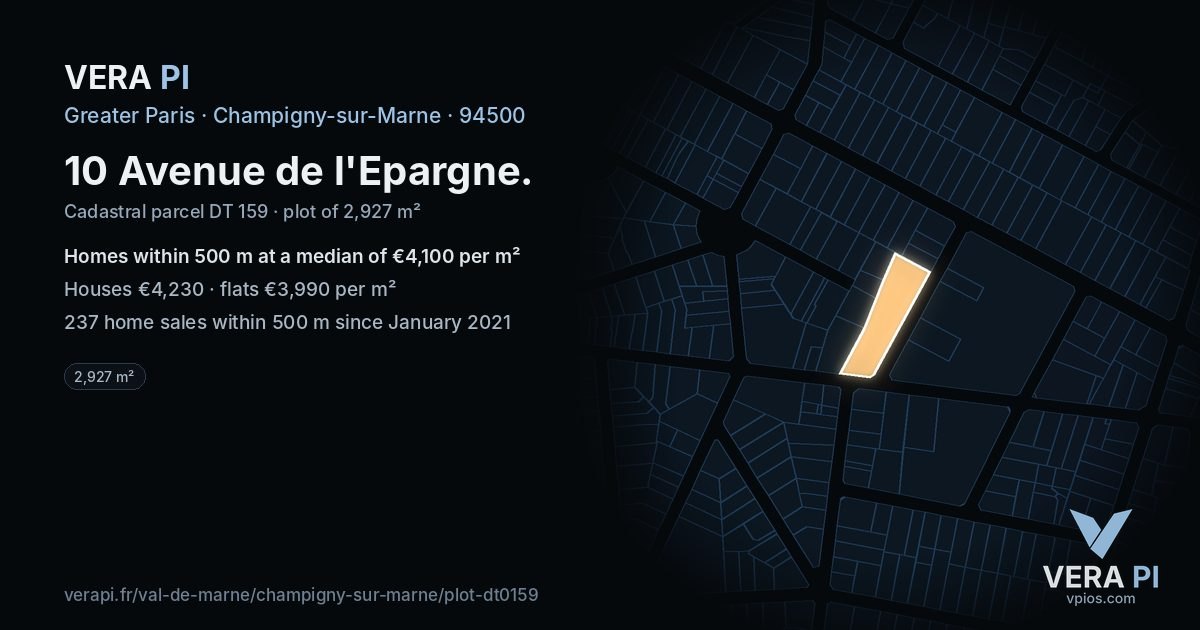 10 Avenue de l'Epargne, Champigny-sur-Marne at night – the plot lit, the parcels around coloured by the prices near them