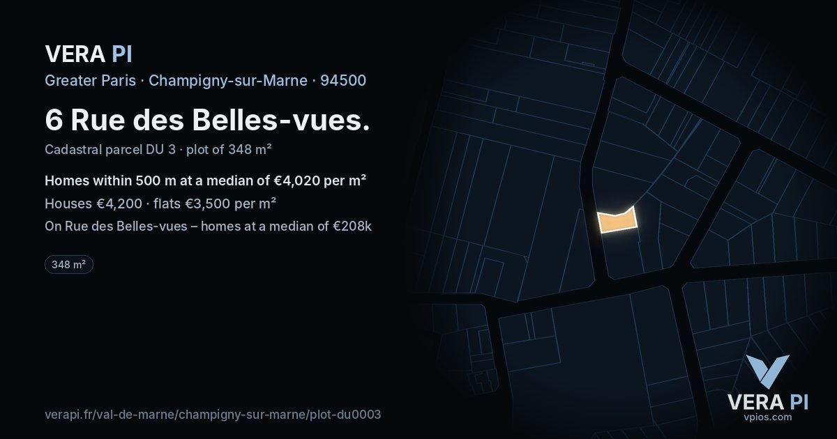 6 Rue des Belles-vues, Champigny-sur-Marne at night – the plot lit, the parcels around coloured by the prices near them