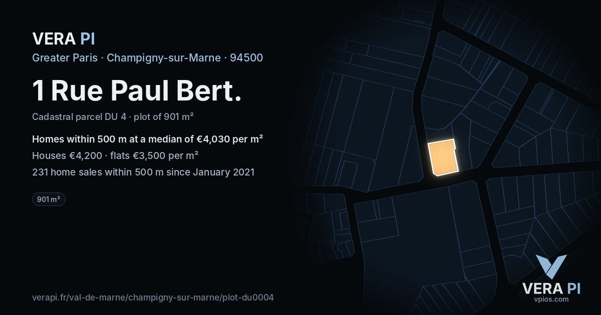 1 Rue Paul Bert, Champigny-sur-Marne at night – the plot lit, the parcels around coloured by the prices near them