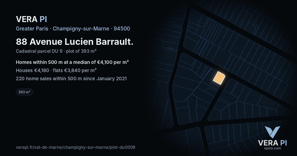 88 Avenue Lucien Barrault, Champigny-sur-Marne at night – the plot lit, the parcels around coloured by the prices near them