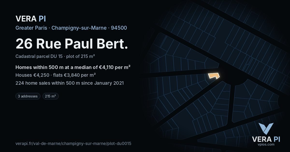 26 Rue Paul Bert, Champigny-sur-Marne at night – the plot lit, the parcels around coloured by the prices near them