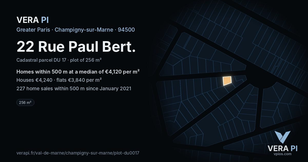 22 Rue Paul Bert, Champigny-sur-Marne at night – the plot lit, the parcels around coloured by the prices near them