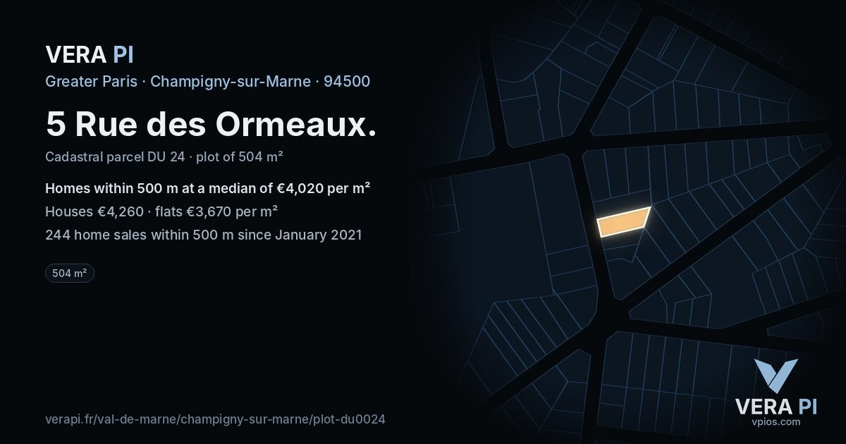 5 Rue des Ormeaux, Champigny-sur-Marne at night – the plot lit, the parcels around coloured by the prices near them