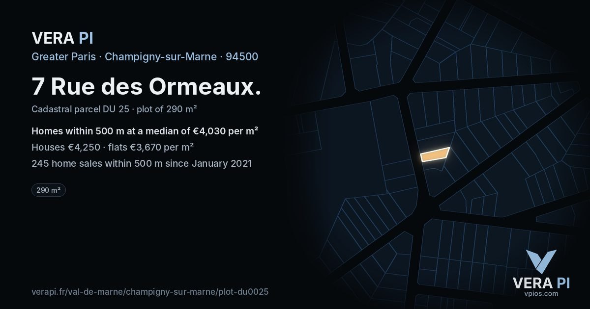 7 Rue des Ormeaux, Champigny-sur-Marne at night – the plot lit, the parcels around coloured by the prices near them