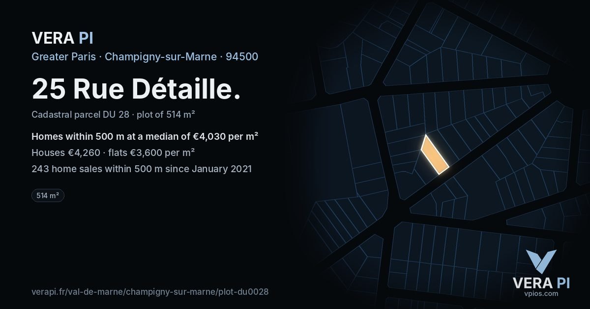 25 Rue Détaille, Champigny-sur-Marne at night – the plot lit, the parcels around coloured by the prices near them