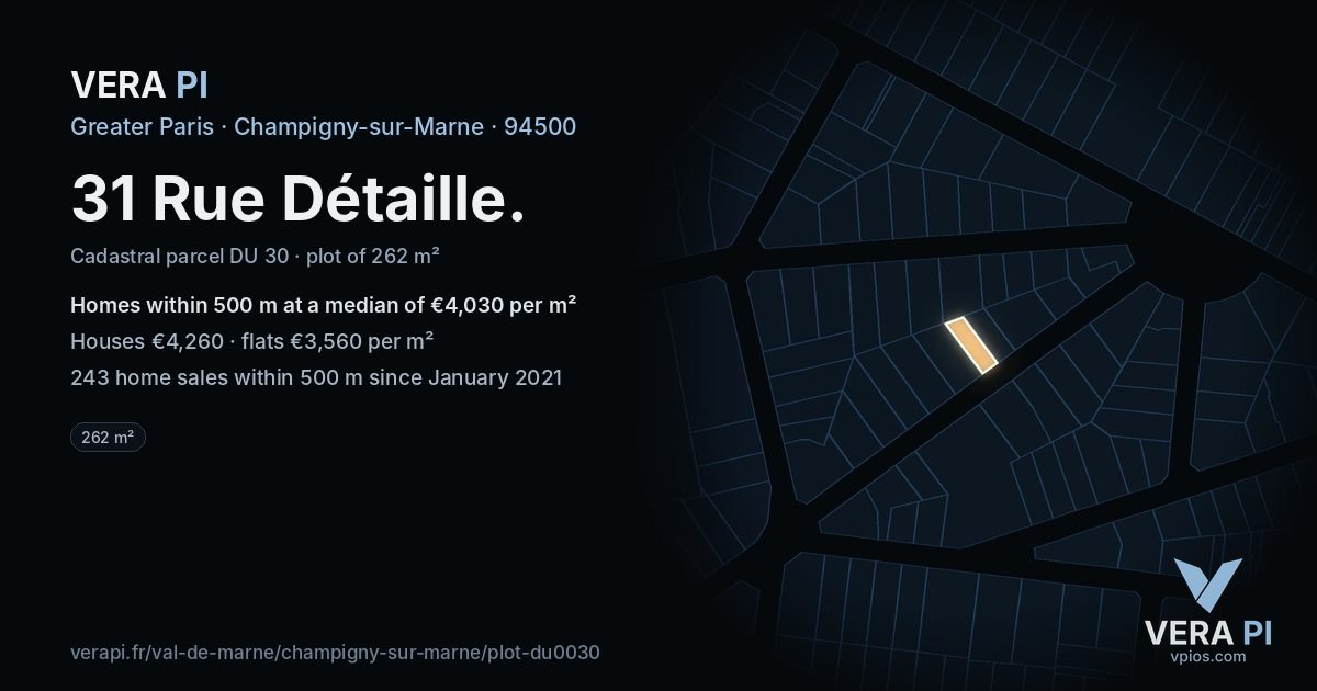 31 Rue Détaille, Champigny-sur-Marne at night – the plot lit, the parcels around coloured by the prices near them