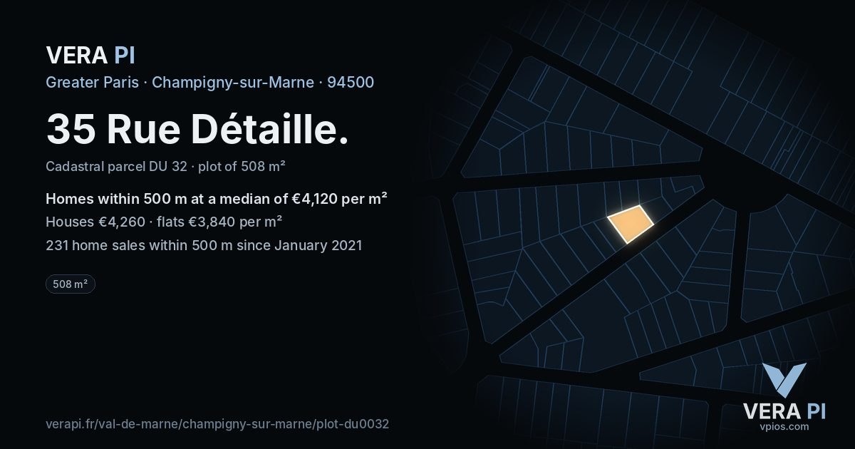 35 Rue Détaille, Champigny-sur-Marne at night – the plot lit, the parcels around coloured by the prices near them