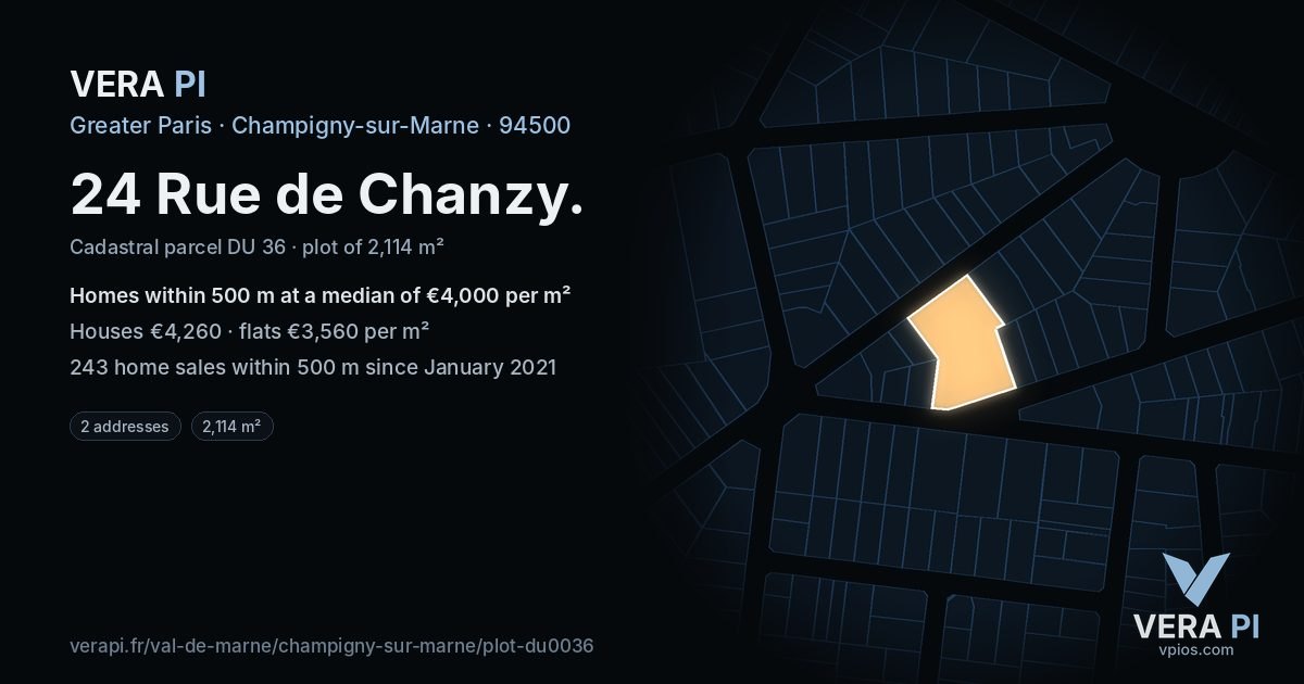 24 Rue de Chanzy, Champigny-sur-Marne at night – the plot lit, the parcels around coloured by the prices near them