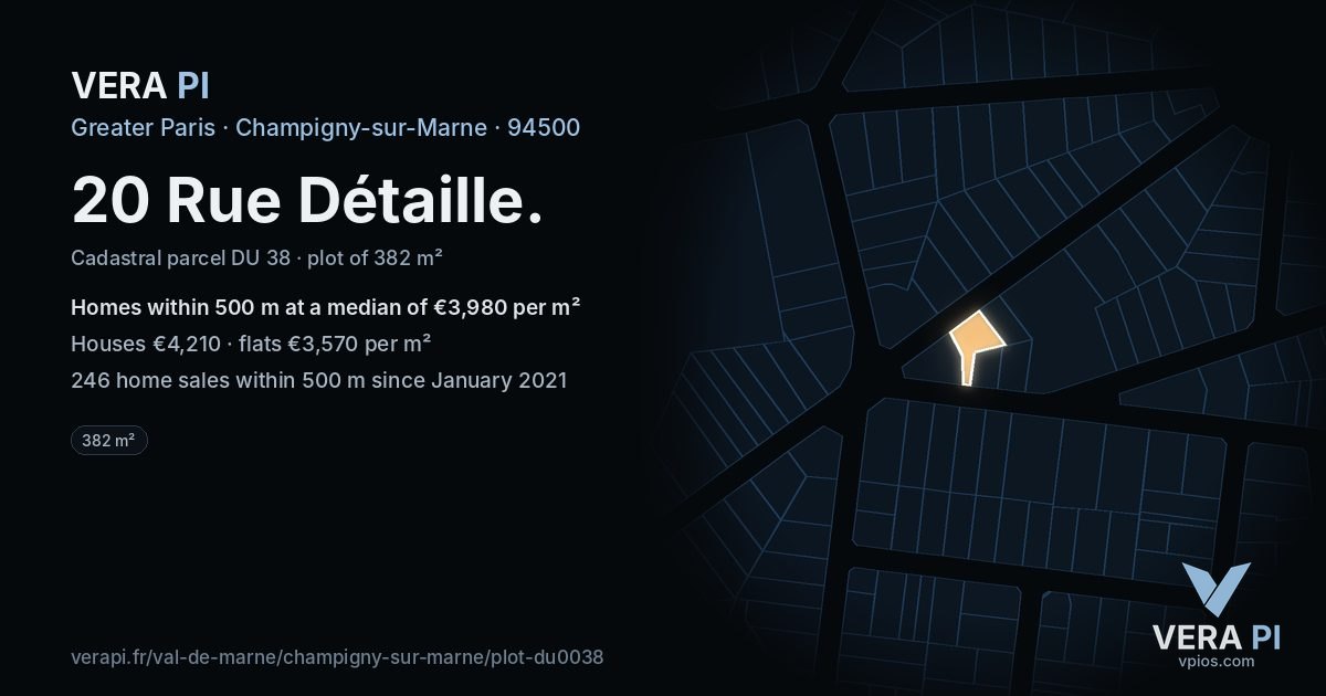 20 Rue Détaille, Champigny-sur-Marne at night – the plot lit, the parcels around coloured by the prices near them