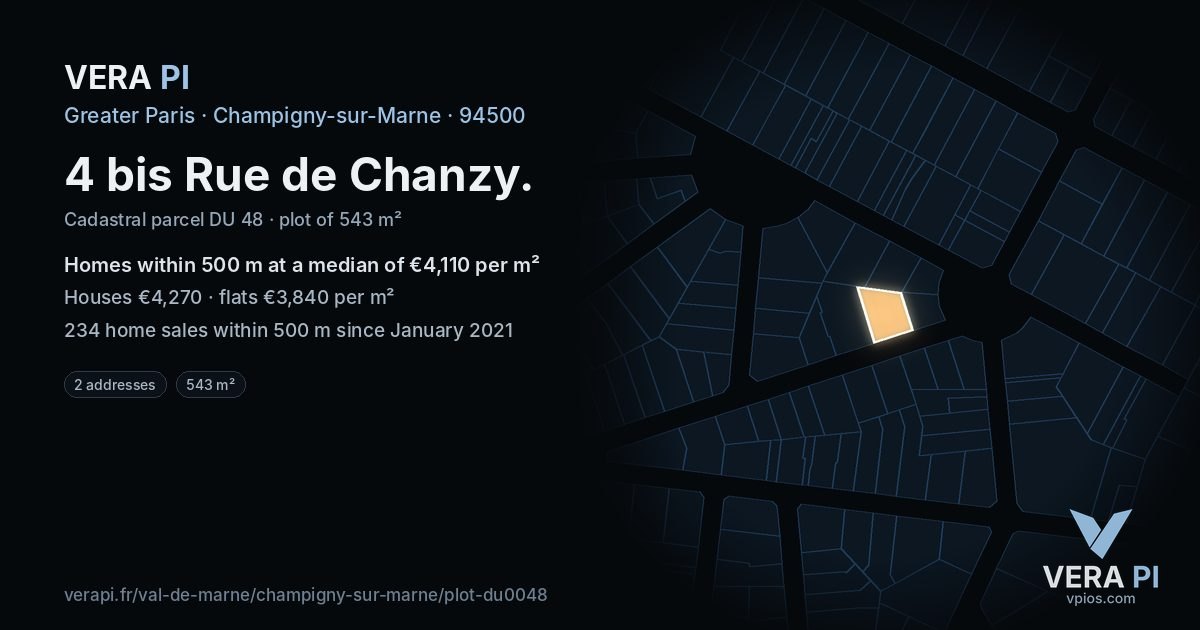 4 bis Rue de Chanzy, Champigny-sur-Marne at night – the plot lit, the parcels around coloured by the prices near them