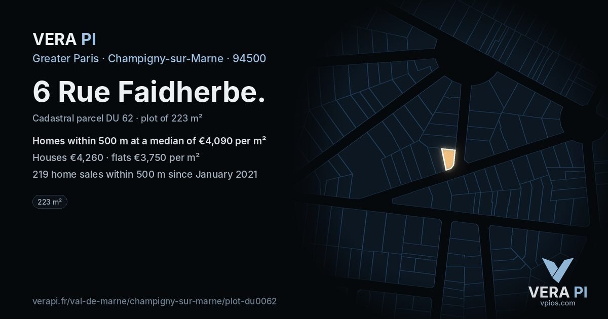 6 Rue Faidherbe, Champigny-sur-Marne at night – the plot lit, the parcels around coloured by the prices near them