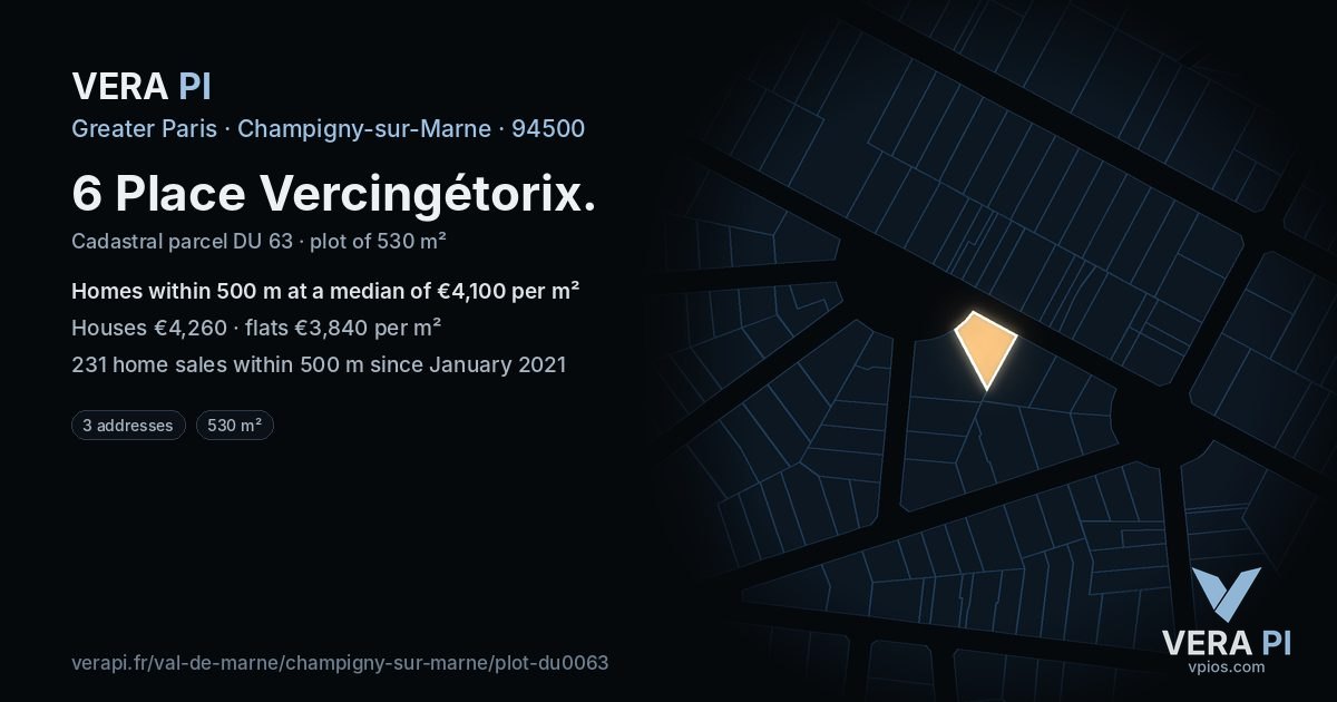 6 Place Vercingétorix, Champigny-sur-Marne at night – the plot lit, the parcels around coloured by the prices near them
