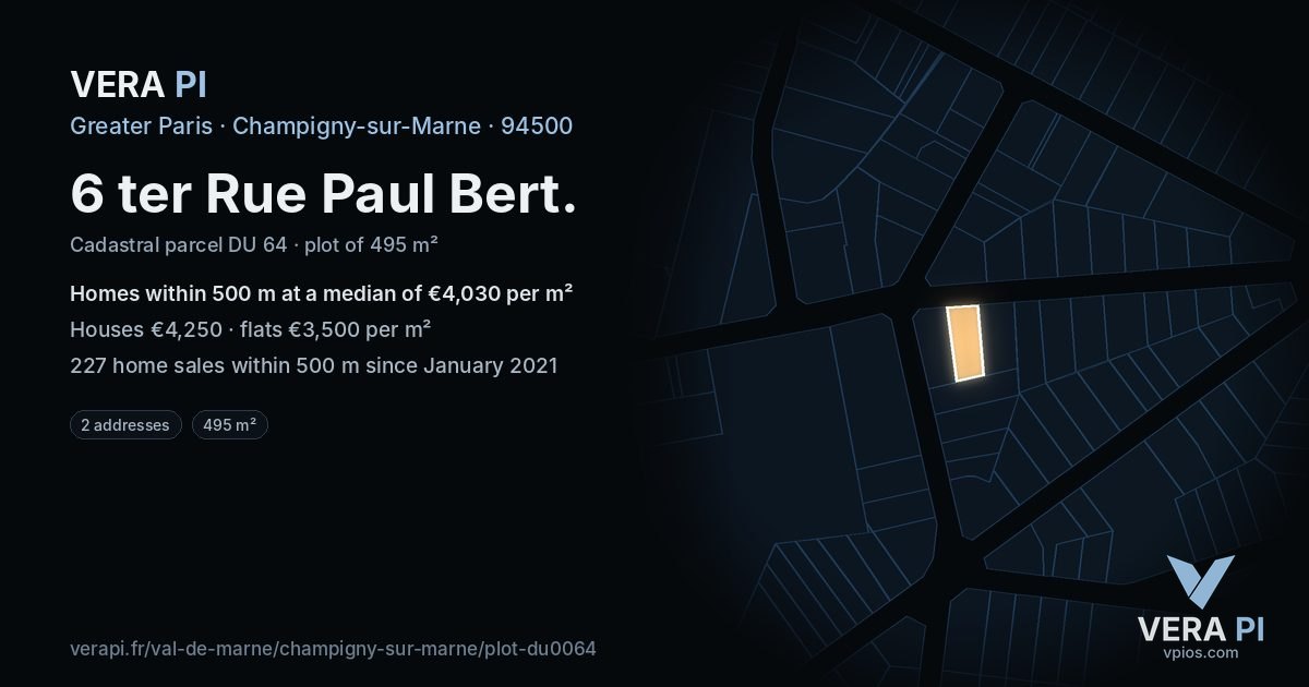 6 ter Rue Paul Bert, Champigny-sur-Marne at night – the plot lit, the parcels around coloured by the prices near them