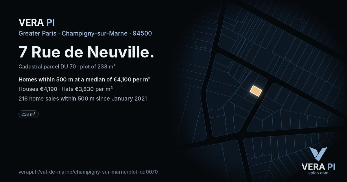 7 Rue de Neuville, Champigny-sur-Marne at night – the plot lit, the parcels around coloured by the prices near them